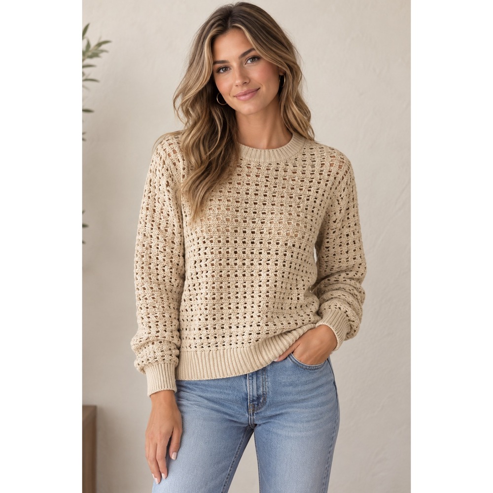 NWT Robert Rodriguez Women's Beige Crochet Knit Fall Pullover Sweater Small